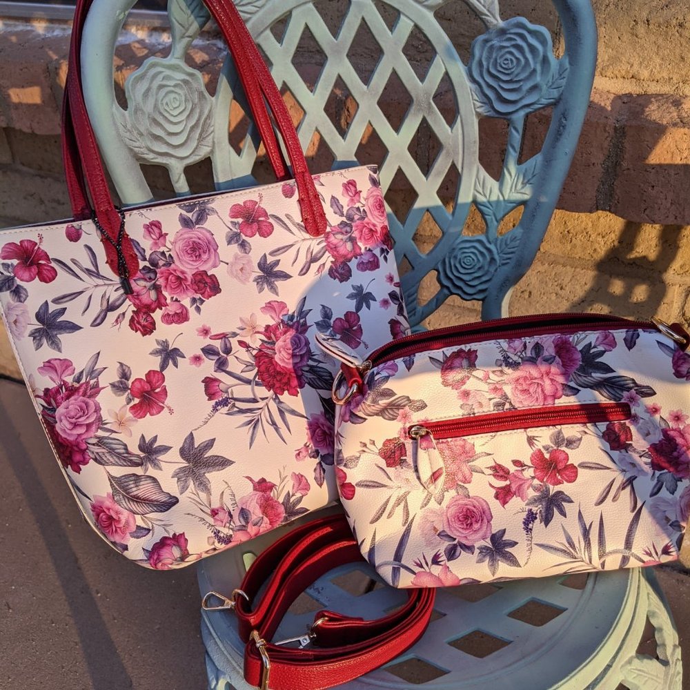Coral Bay Shoulder Tote & Crossbody Bag Cosmetic Purse Set NEW Floral Print